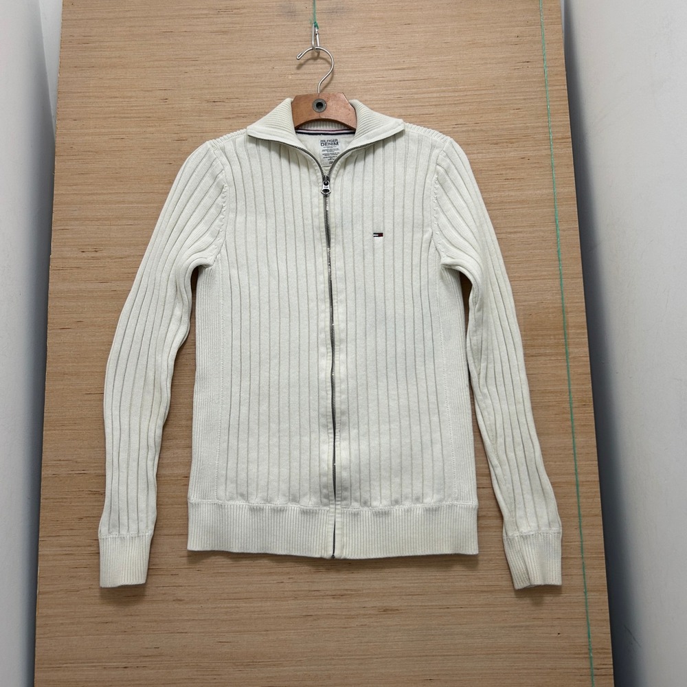 Hilfiger Denim Mens Small Cream White Ribbed Full Zip Cardigan Sweater Mock Neck